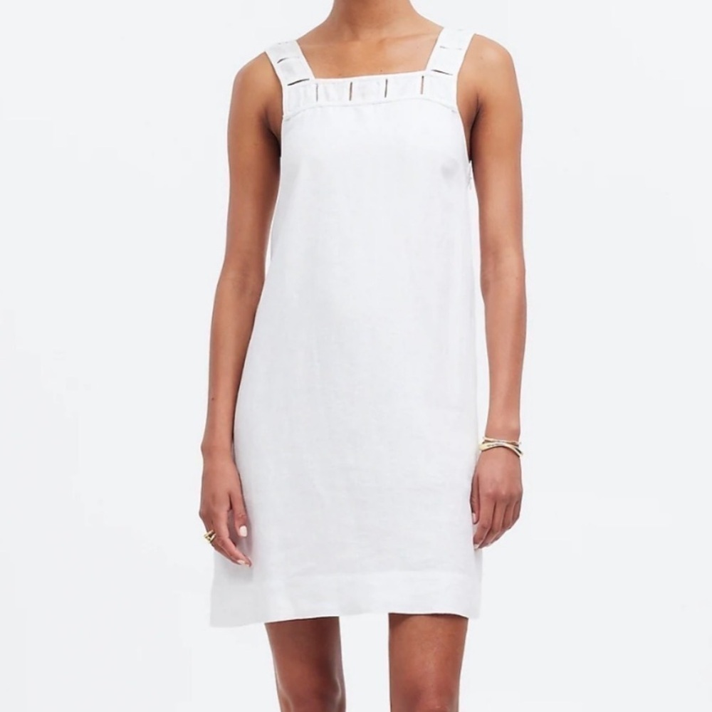 Madewell White Embroidered Tank Mini Linen Dress Pockets Eyelet 2 - Picture 2 of 12